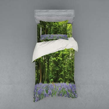 Woodland Duvet Cover Set, Sea of Bluebells Flowers in Forest Springtime April Countryside Seasonal Picture, Bedding Set with Shams and Fitted Sheet, 3 Sizes, by Ambesonne