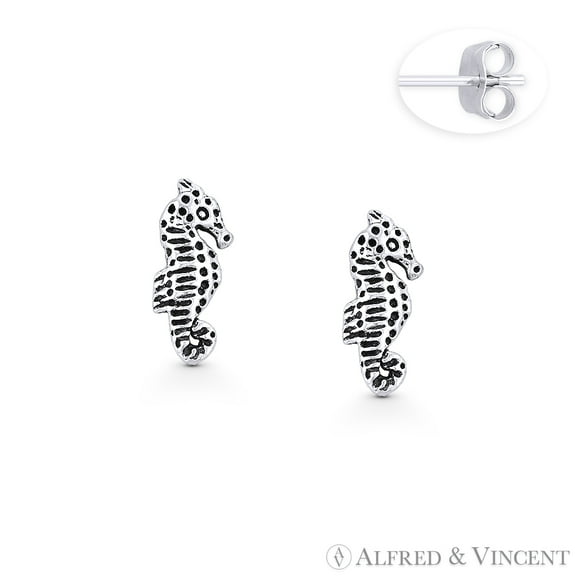 Seahorse Ocean Sealife Animal Charm Stud Earrings in .925 Sterling Silver