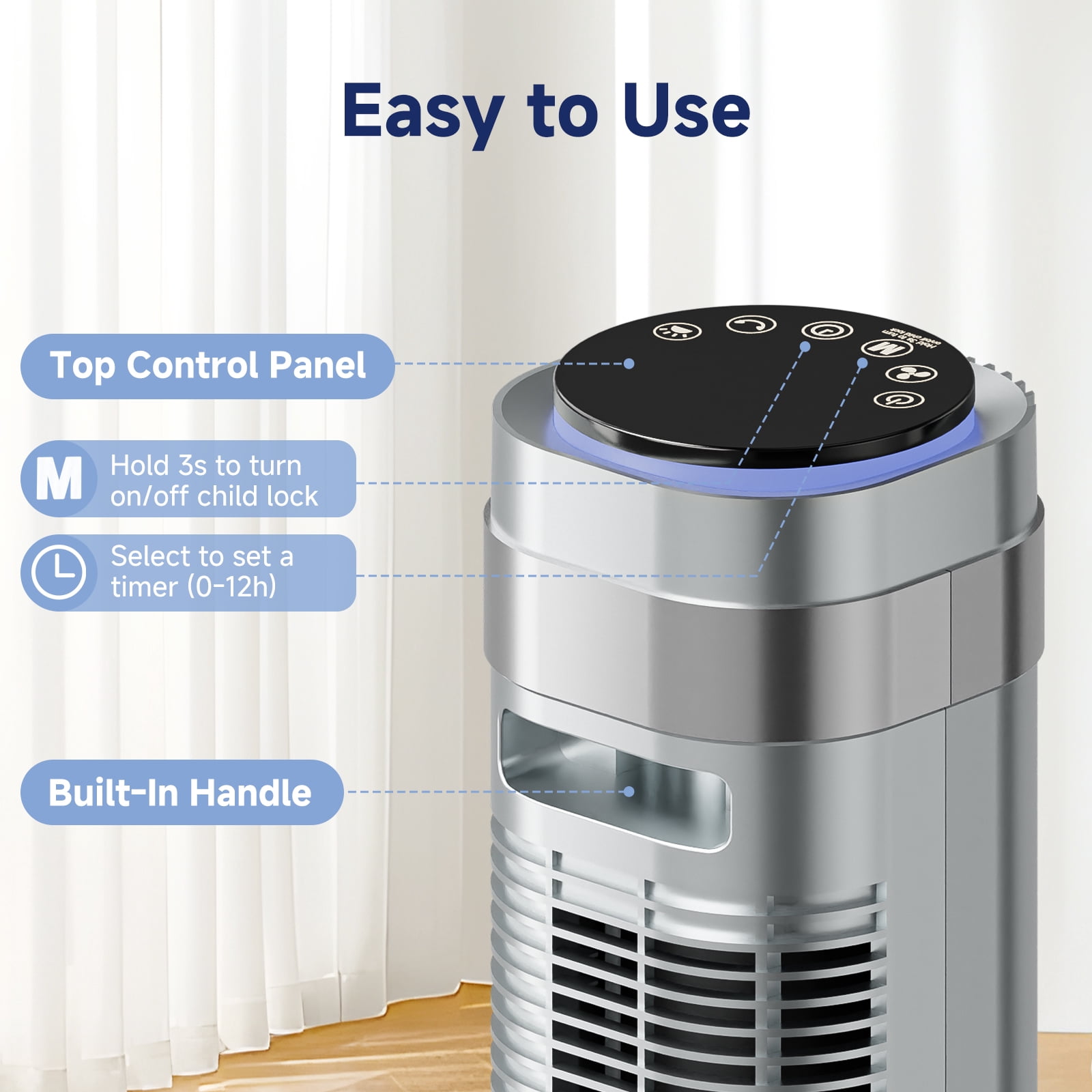 JIOABL Bladeless Tower Fan: 5 Speed Settings, 4 Modes, 25Ft/s Breeze, & Customizable Timer for Peaceful Sleep & Optimal Airflow, Silver