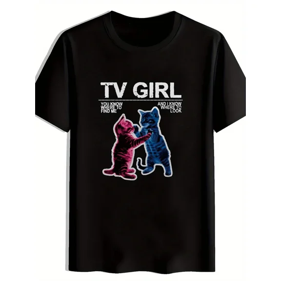 Reprint Rare Men'S Retro Rock Band Graphic T-Shirt - TV Girl Design with Pink & Blue Cats, Yo