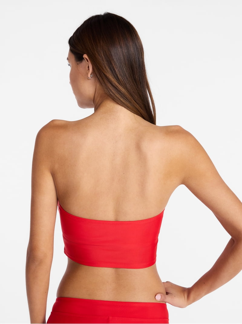 No Boundaries Embroidered Red Bandeau Cropped Tankini Swim Top