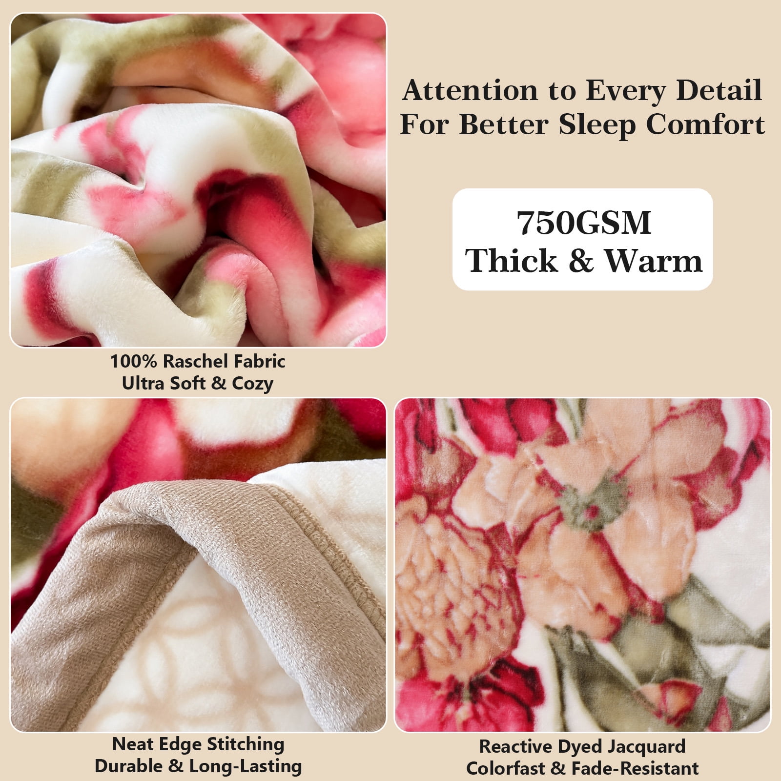 WOOW DEPOT Thick Fleece Twin Bed Blanket Reversible, 1 PCS Peony Flower Printed 59" x 78.7" Soft Warm Mink Blanket Luxurious 4.41 lb Heavy, Khaki