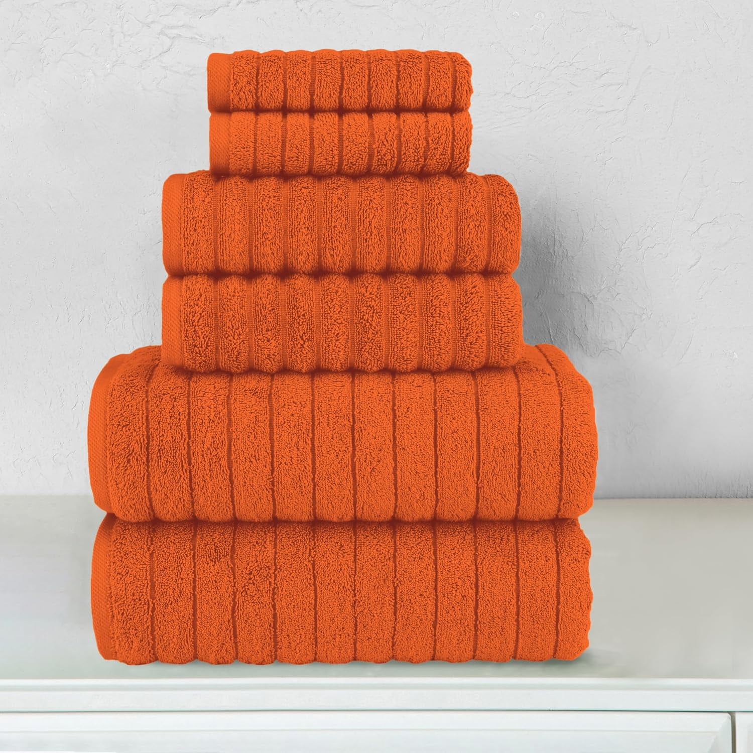 Elegant Comfort 100% Turkish Cotton Corduroy Ribbed Luxury Bath Towels 6-Piece Set, Premium Feel - Quick Dry, Highly Absorbent, Contains 2 Bath Towels, 2 Hand Towels, and 2 Washcloths, Orange
