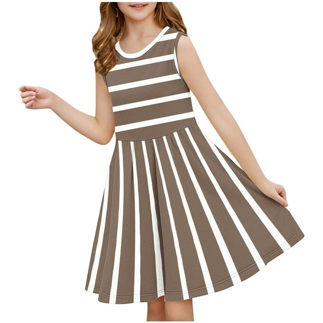 Robe d'Été Décontractée pour Filles, Sans Manches, Imprimé Rayé, Ample, avec Poches, Nouvelle Marron 5 Ans