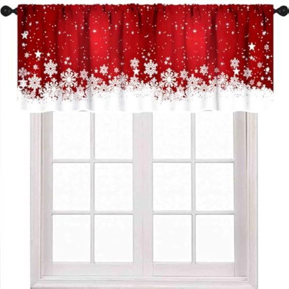 Christmas Kitchen Valances,Red Winter Snowflakes Xmas New Year Merry Christmas Rod Pocket Small Short Window Treatments Drapery for Bathroom Cafe Living Room Bedroom,1 Piece,54x18 inch