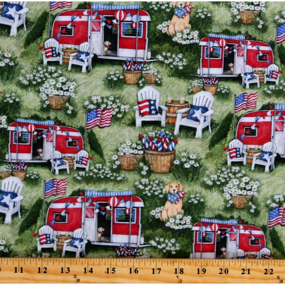 Cotton Vacation 4th Of July Independence Day RV's Camping Patriotic Green Cotton Fabric Print by