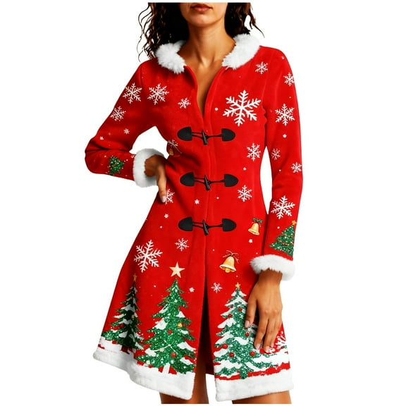 Women’s Sherpa Lined Christmas Coat Hooded Winter Jacket Fleece Thicken Long Sleeve with Faux Fur Collar Toggle Buttons Relaxed Fit Holiday Print Outerwear,Red,M
