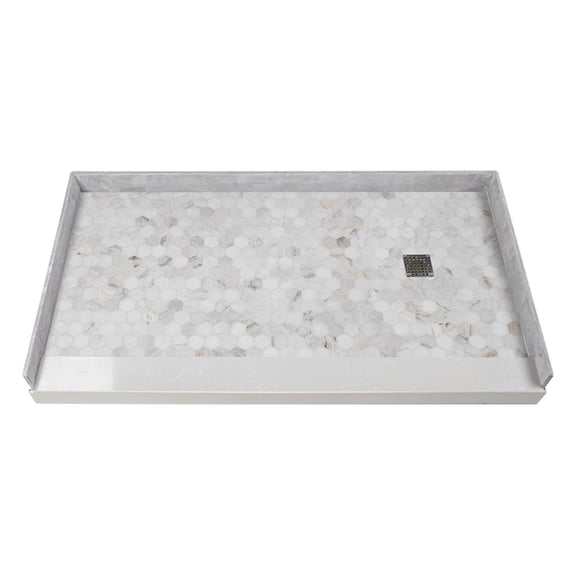 Transolid FPT6032C-HO 60-in x 32-in Pre-Tiled Shower Base with Center Drain in Off-White Hexagon