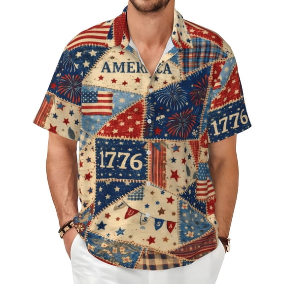 USA Flag Patriotic Patchwork Men's Shirts Short-Sleeved with All-Over Prints Button-Up Shirts