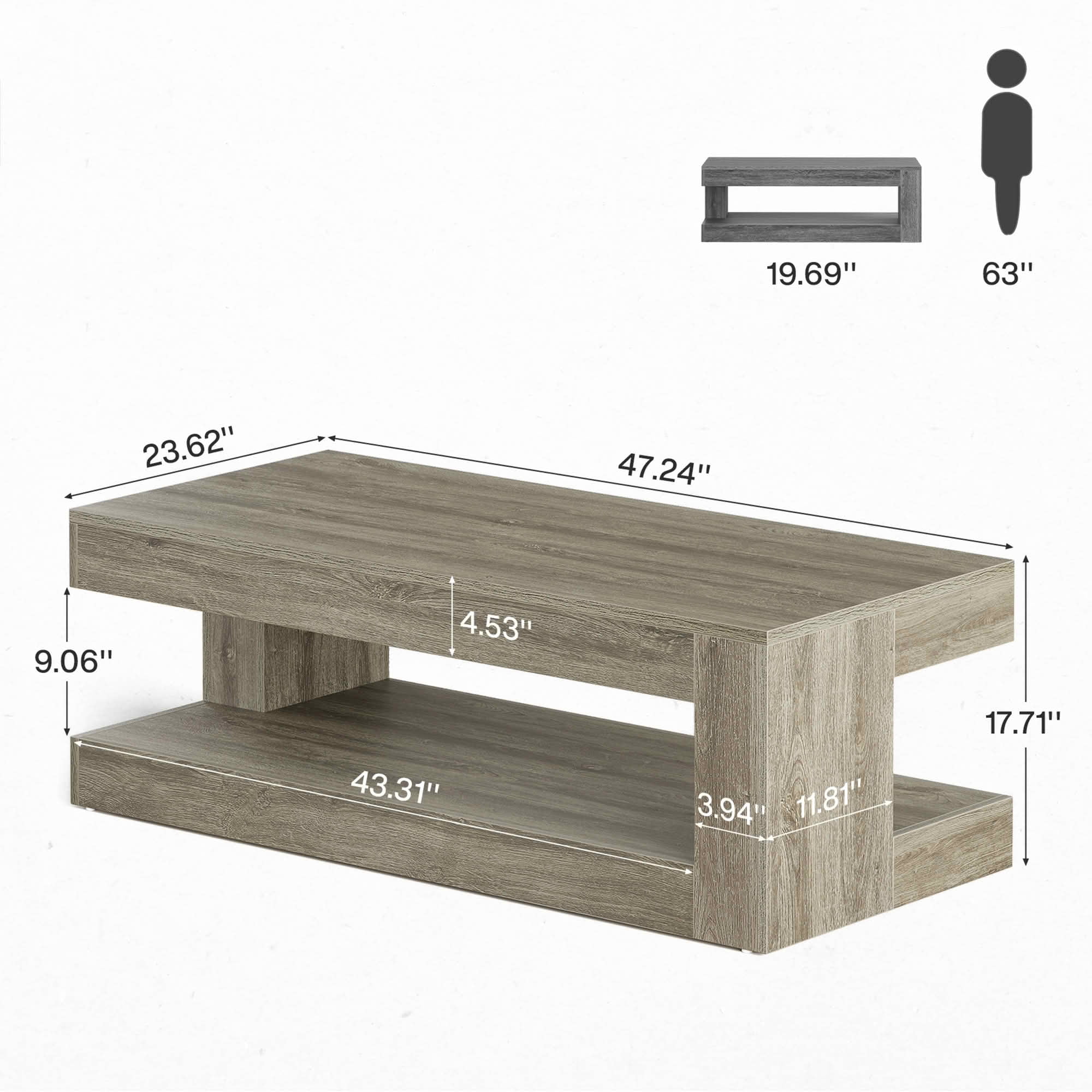 MAYEETY 47.24 Inch Farmhouse 2-Tier Coffee Table Storage Living Room Tea Table