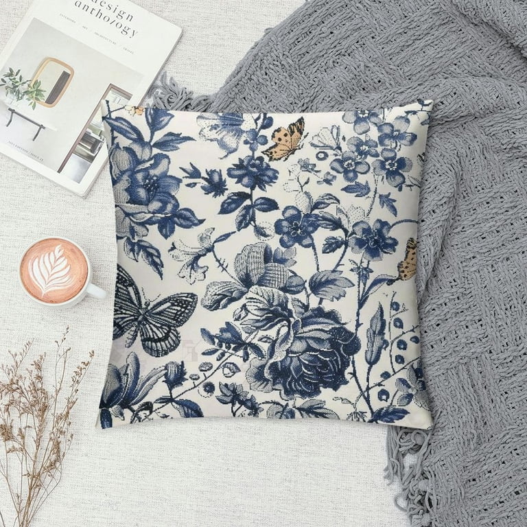 22x22in Asian Scenic Chinoiserie Throw Pillow Cover - White Linen With Green Floral Leaf Pattern
