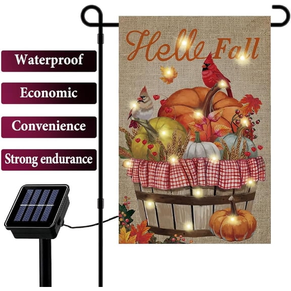 FGERFE-Hello Fall Pumpkin Cardinal Lighted Double Sided12 *18Small Garden Flag Solar LED 8Lighting Modes16Lights Fall Patio Home Outdoor Decor Thanksgiving Decoration Lawn Porch Decoration (Pumpkin C