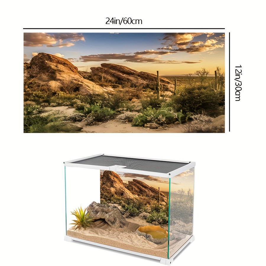 Desert Terrarium Background with Cactus Design, Reusable Self-Adhesive Habitat Decor for Reptile Tanks, Lizard Snake Enclosure, Realistic Sand Mountain Landscape, No Residue Removal