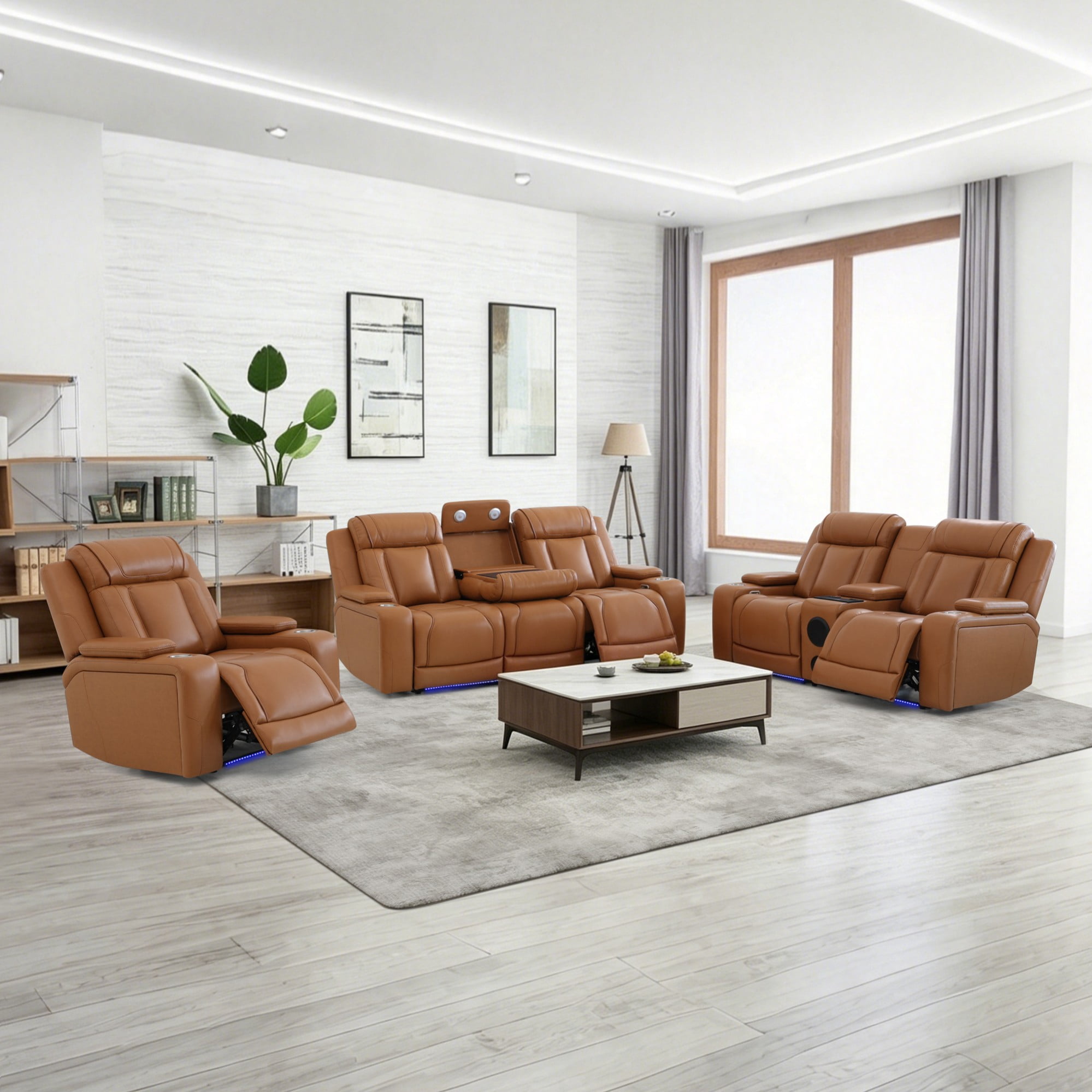 Gewnee 1+2+3 Piece Recliner Sofa Set, Air Leather Smart Sofa with Wireless Charging, Bluetooth Speaker, LED Light, Cup Holders & Storage, Adjustable Recline for Living Room, Orange Yellow
