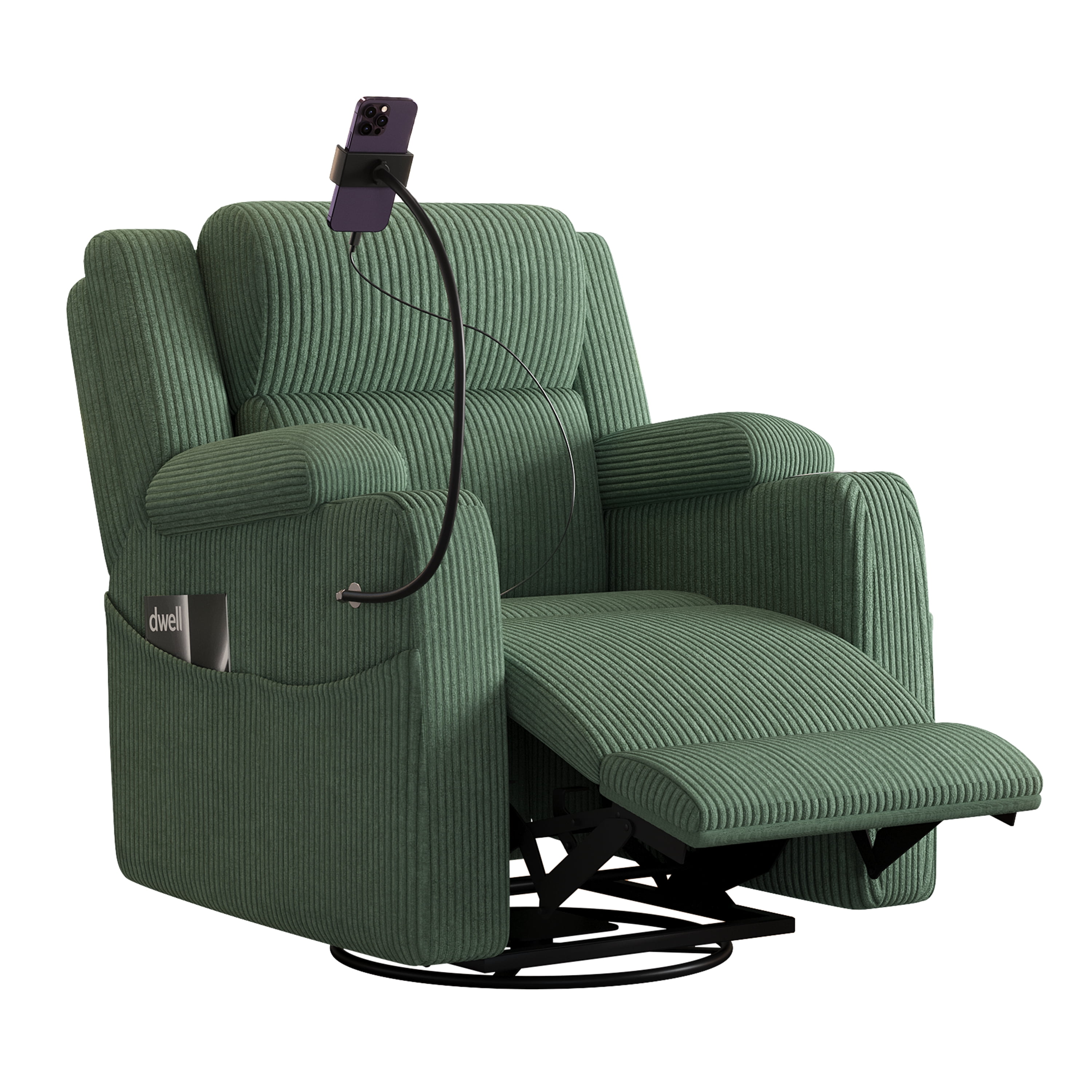 Mintazer Electric Power Recliner Chair with Heat & Massage, 270°Swivel Rocker Recliner with Phone Holder & USB and Hidden Storage for Living Room, Green