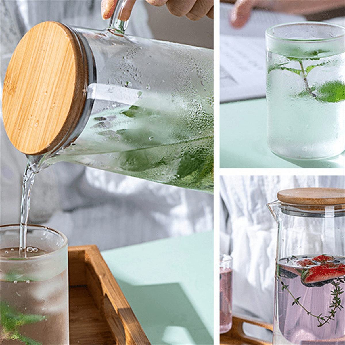 2X 1.7L Glass Water Pitcher with Handle Bamboo Lid Heat Cold Hot Kettle Capacity Tea Pitcher Water Juice Jug
