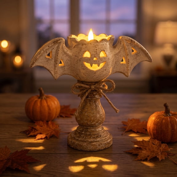 White Bat Tealight Candle Holder, Farmhouse Halloween Pumpkin Tea Light Candle Holders Decor, Fall Tables Centerpieces for Thanksgiving & Halloween Party