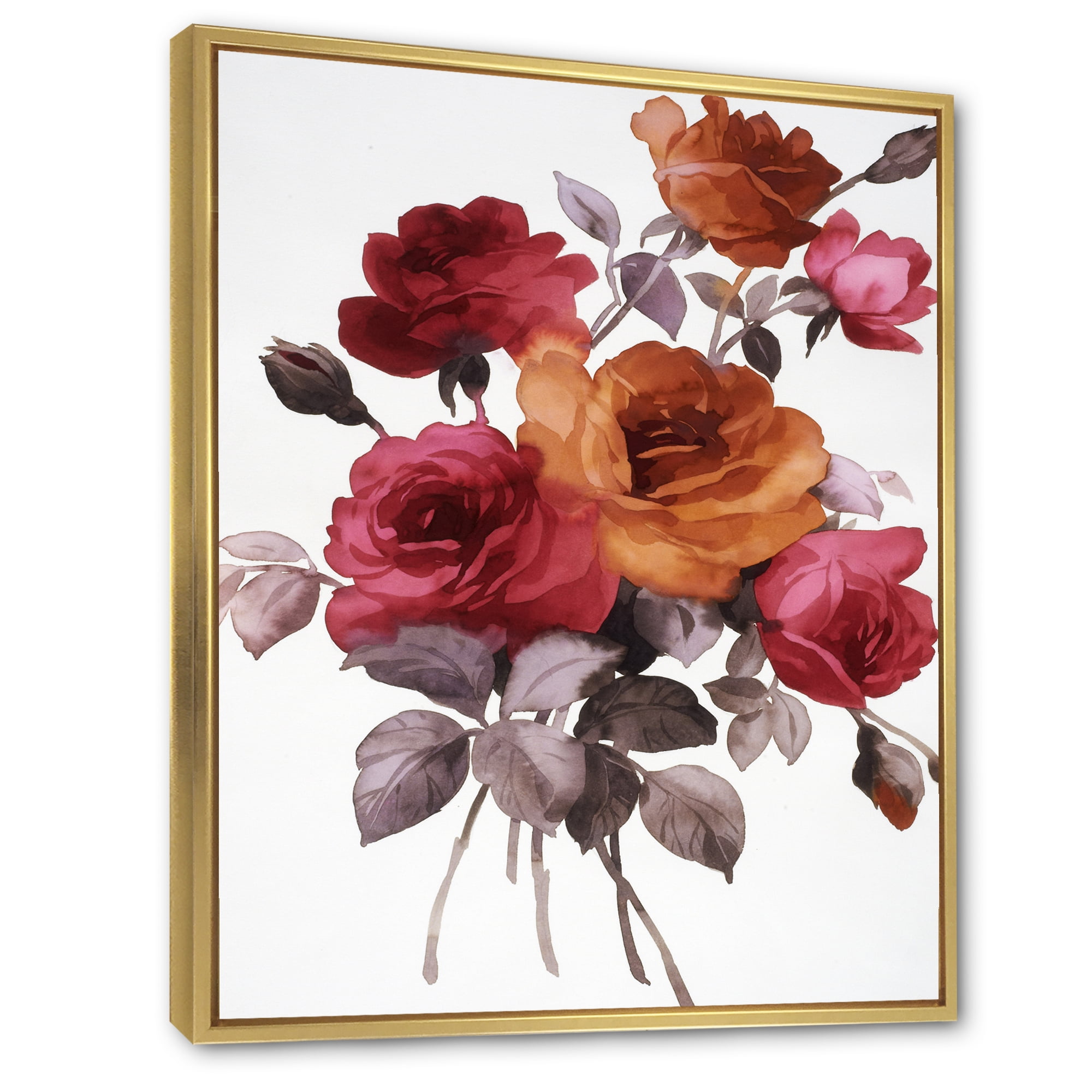 Designart 'Vintage Red and Orange Roses' Traditional Framed Canvas Wall Art Print