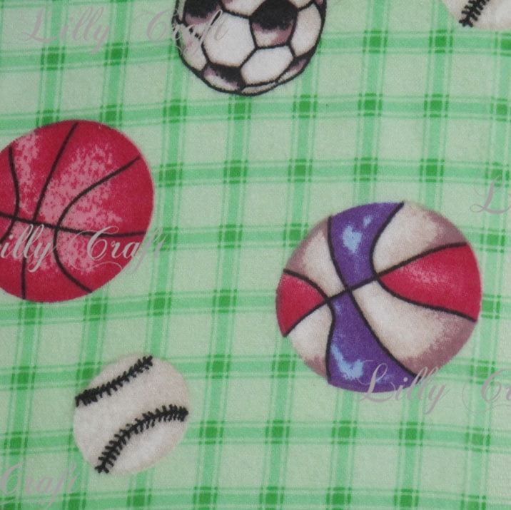 Flannel Sports Balls on Green Plaid 45 Inch Fabric by the Yard