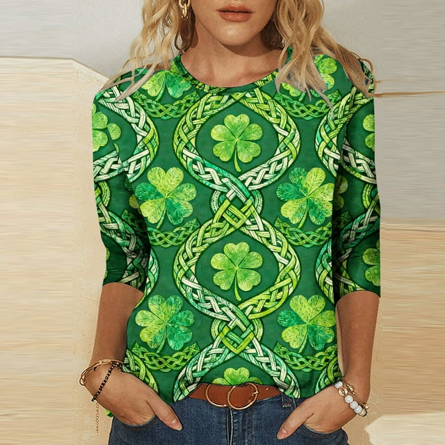 Xuyuer St Patricks Day Shirt Women Irish Shamrock 3/4 Sleeve Tshirts St Paddys Day Tee Tops St. Patrick's Day T-Shirts Crew Neck Spring Graphic Tee Tops Fashion Casual Pullover T-Shirt Top