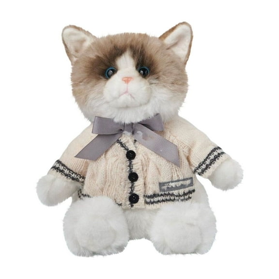 Elegant Knit Cardigan Cute Cat Plush Doll - Realistic Fluffy Feline with Gray Bowknot Accent & Holiday Birthday Gift