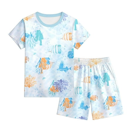 SGMVNU Boys Pajamas Set Boys Sleepwear Pj s Toddler Cozy Pajama Set Male Pajama T Shirts Trousers Set Kids Clothes Loungewear(Size 7-8 Years Light Blue)