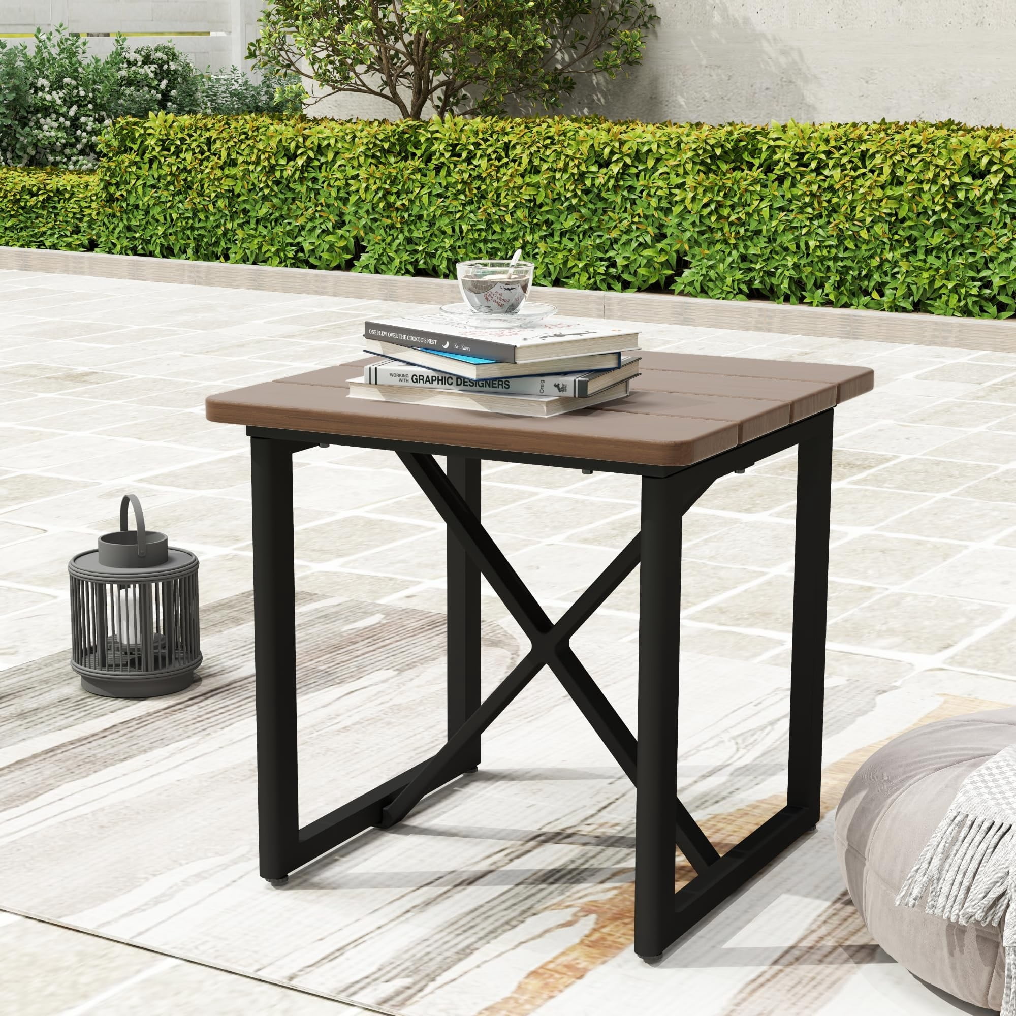 Aluminum Outdoor Patio Side Table with Acacia Wood Top, Square End Table, Weather-Resistant Small Table for Garden, Balcony, Lawn