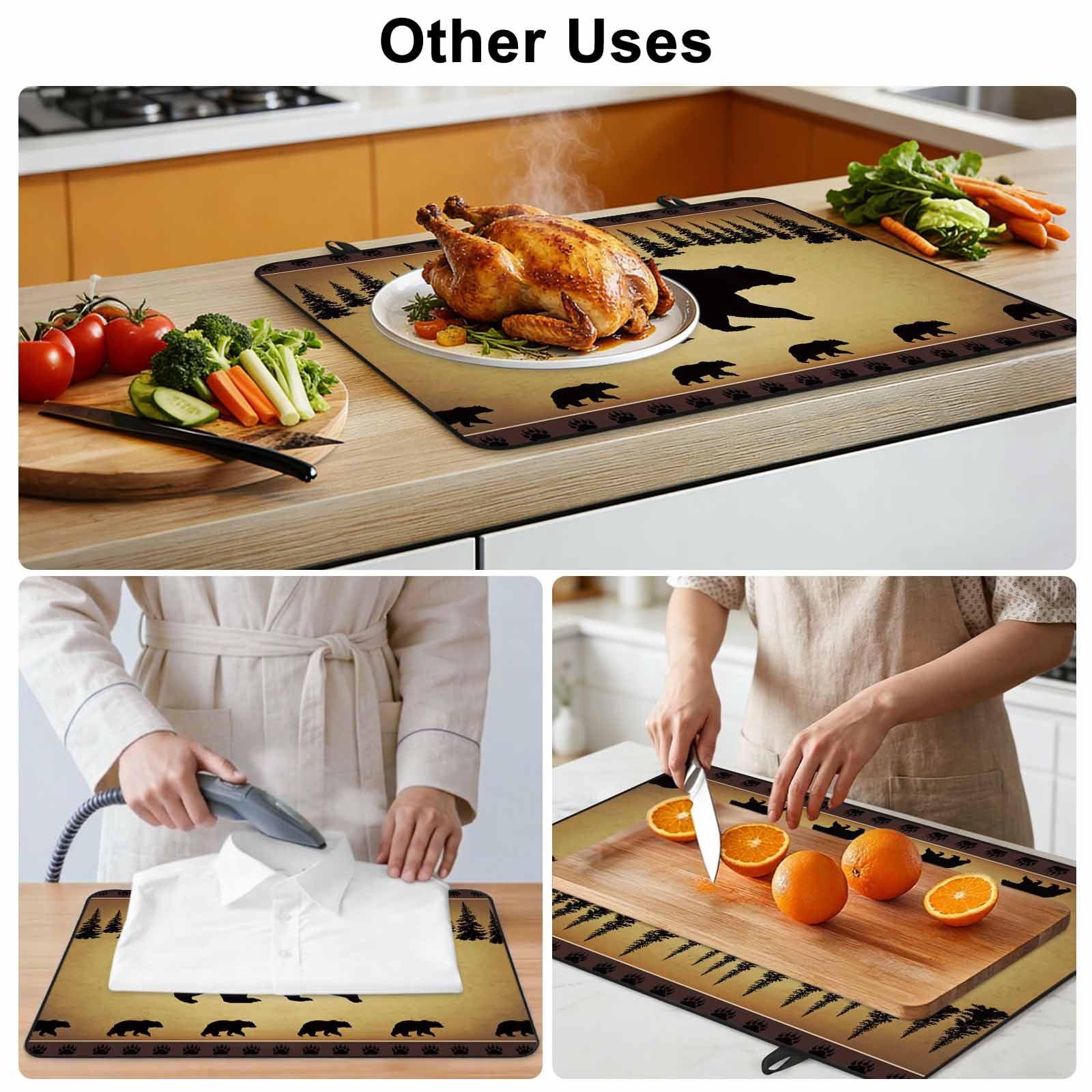 Black Bear Stove Top Cover for Electric Stove, Heat-proof & Non Slip Glass Top Stove Cover Protector, Vintage Animals Farmhouse Pine Brown Forest Kitchen Flat Cooktop Rubber Mat 24x21 Inches