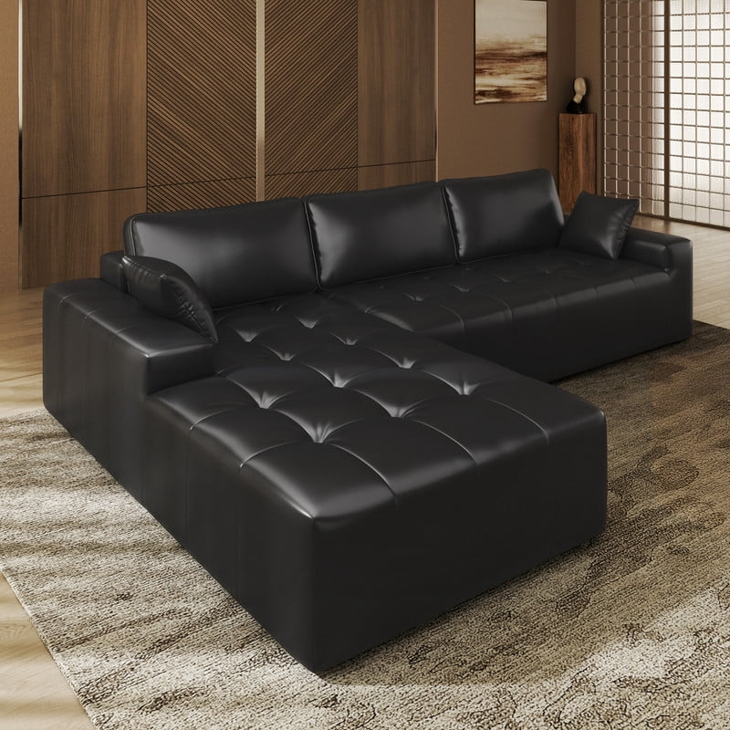 PATBRELA Sectional Sofa, 101" L-Shaped Deep Seat Cloud Couch, Modular Sofa with Back Cushion for Living Room Bedroom, PU Leather, No Assembly Required, Black (Left Facing Chaise)