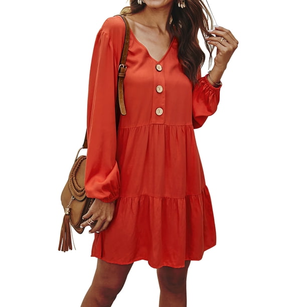 Qarigey Vestido de mujer Cuello en V Manga larga Vestido suelto V Ropa de otoño Color sólido Cintura alta Botón Ropa Prendas para la parte del cuerpo Naranja L