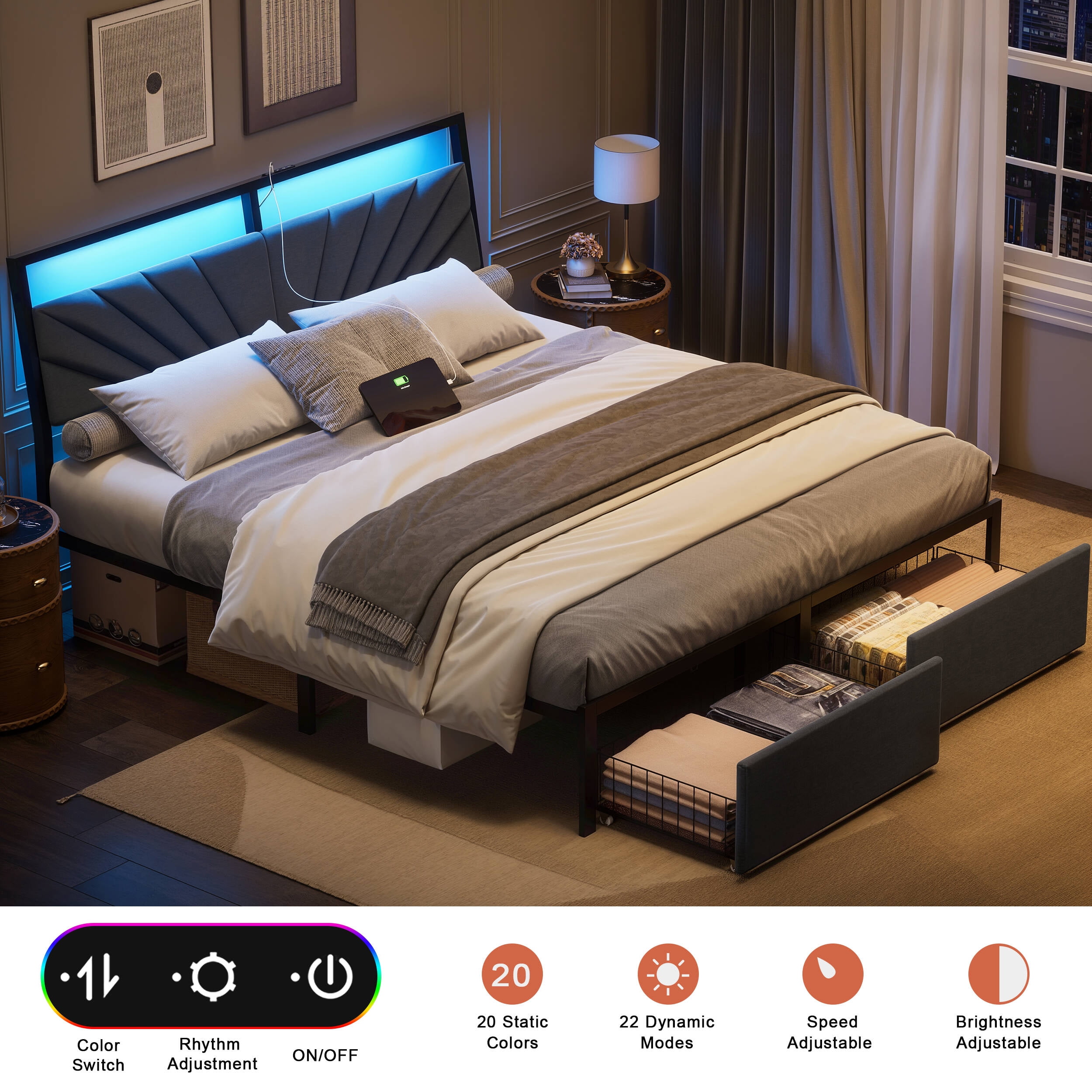 GUNAITO Full Bed Frame with Storage Drawers, Platform Bed with Ergonomic Tilted Upholstered Headboard , Metal Bed with Charging Station and LED, Dark Gray
