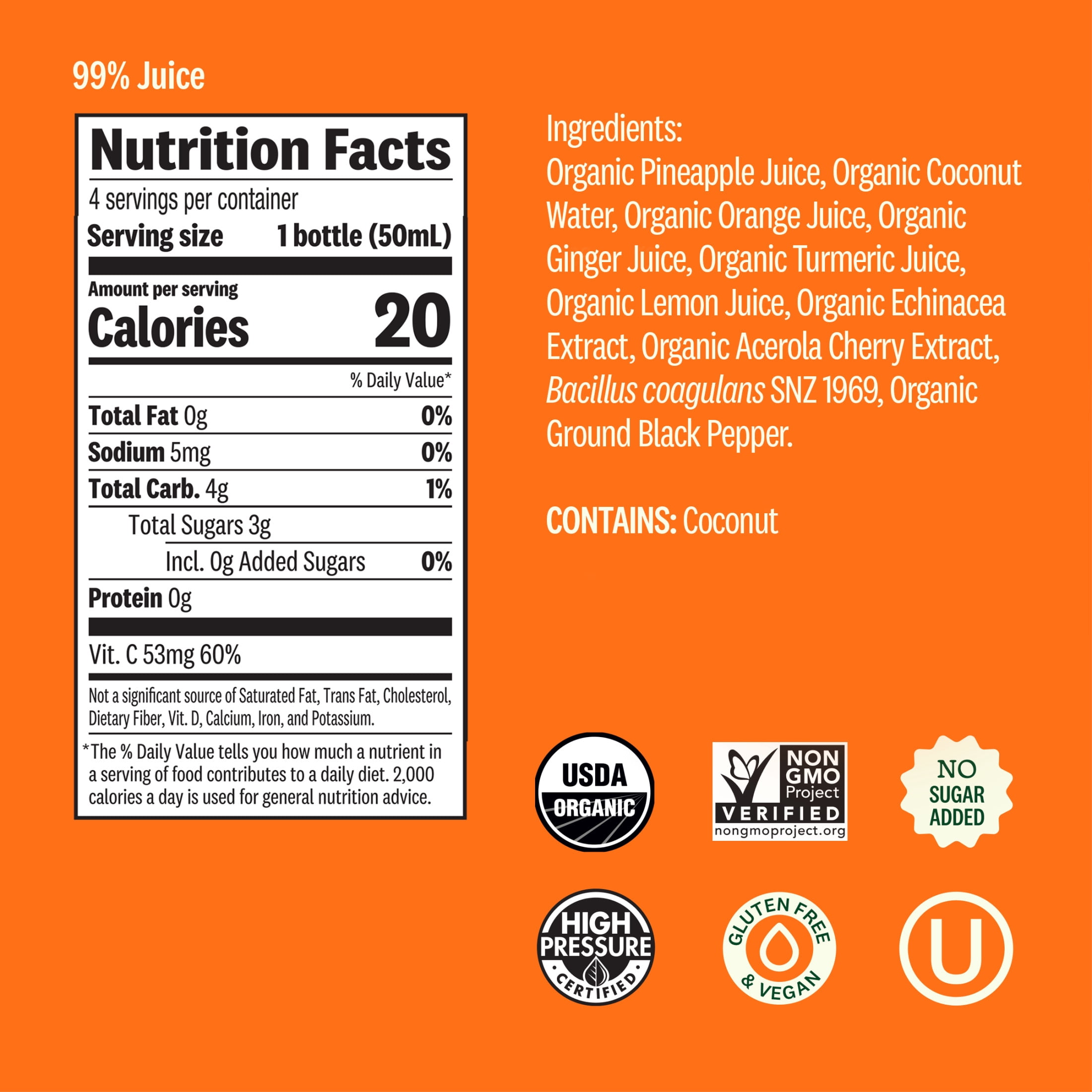 Suja Organic Immunity Turmeric Pineapple Wellness Shots, 1.7 fl oz Bottle, 4-Pack