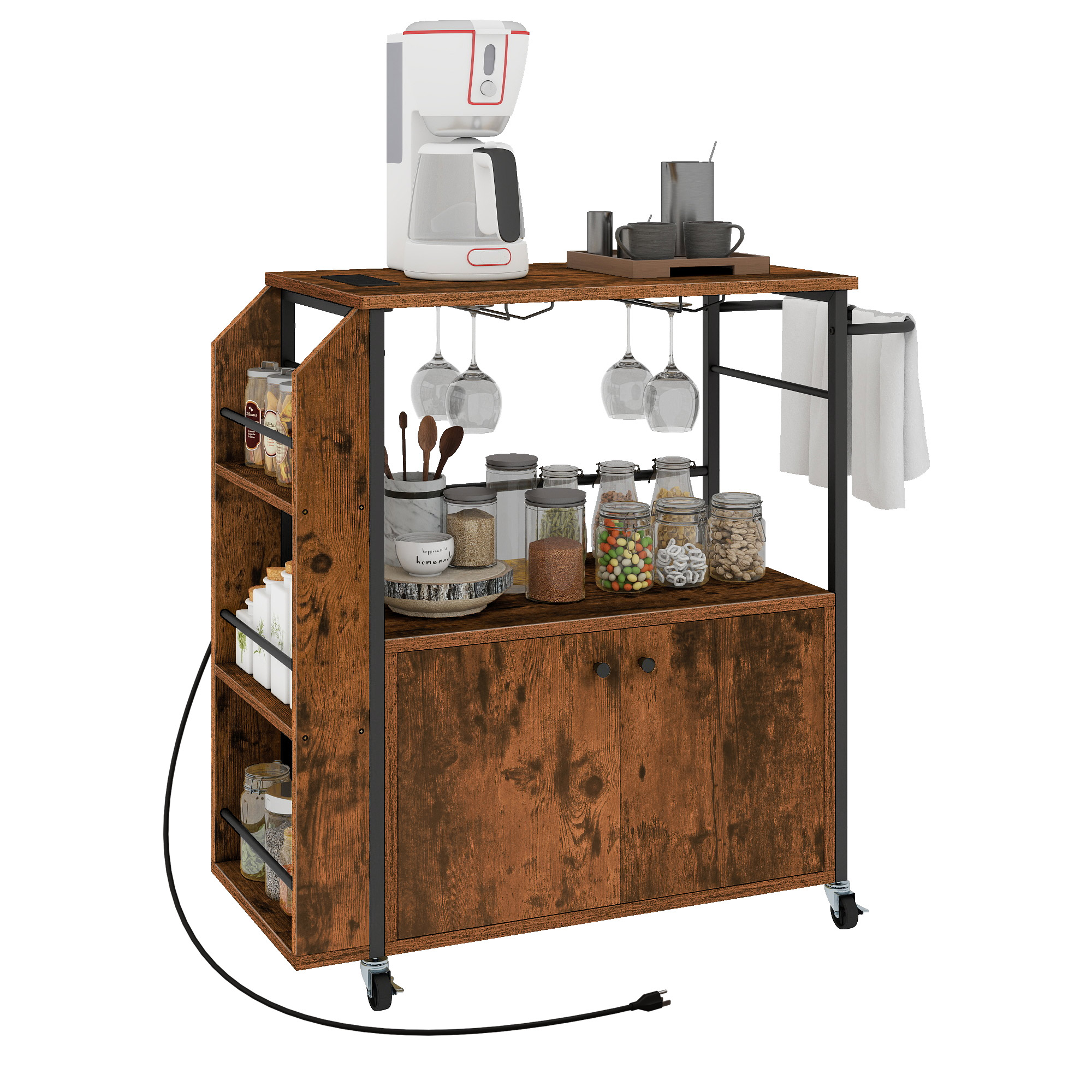Craftian Kitchen Storage Cart Trolley with Storage Shelves, Kitchen Island Cart with Power Outlets & Doors, Brown