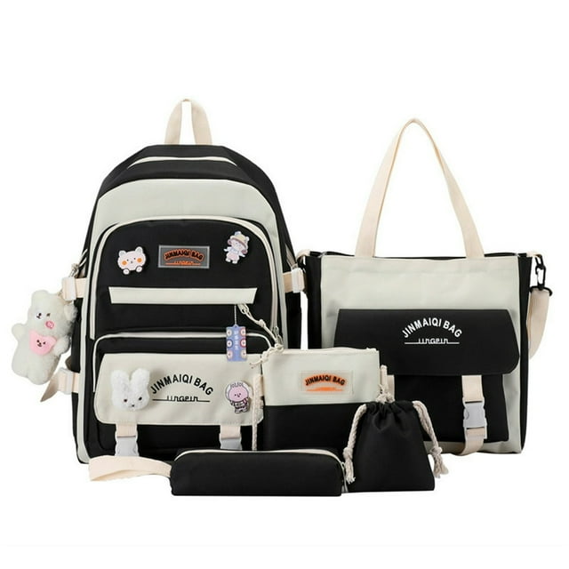 5pcs Canvas Backpacks Badge Cute Pins Pendant Student Bagpack Combo Set (Blue)
