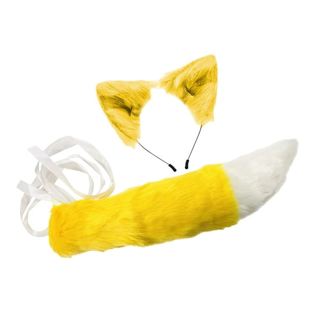 Orejas de animales y cola larga Juego de orejas y cola de piel sintética para carnaval de juegos de rol Amarillo Yinane Cola