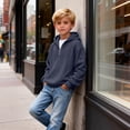 thumbnail image 3 of GUZOM Kids Boys Half Zip Hoodie Waffle Knit Long Sleeve Pullover Sweatshirt Soft Stretchy Cotton Blend Casual Relaxed Fit Top with Pocket Navy,Size 11 T, 3 of 7