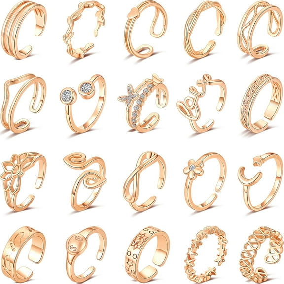 20PCS 14K Gold Plated Adjustable Toe Rings for Women CZ Flower Butterfly Open Band Toe Ring Set Summer Beach Hypoallergenic Pinky Rings Foot Jewelry Set C-Rose Gold