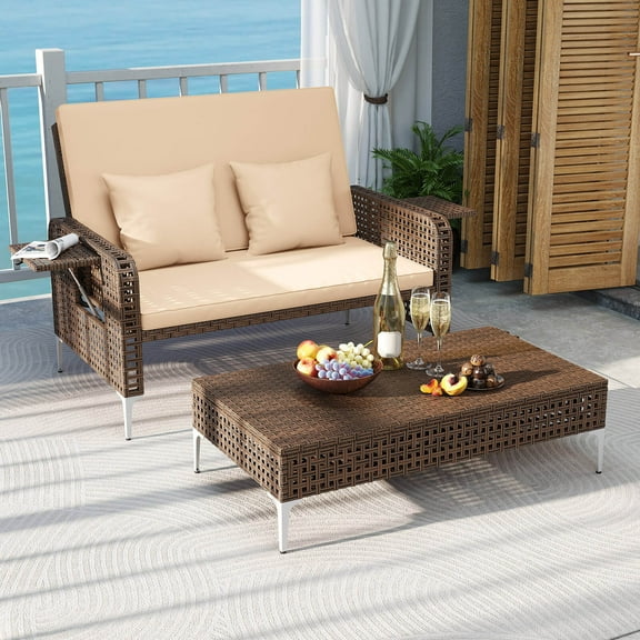 Costway 2 PCS Wicker Loveseat & Storage Ottoman with 4-Level Backrest & Soft Cushion Brown