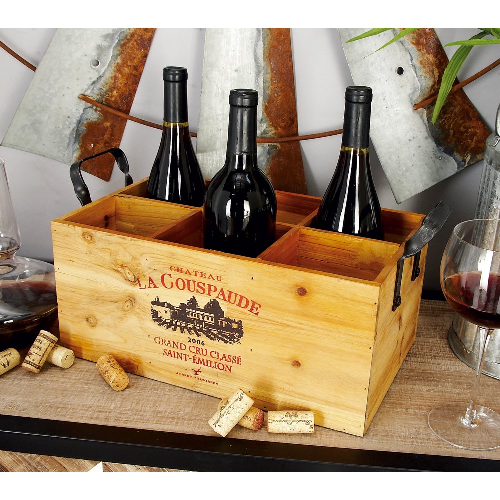 Decmode Vintage Style Natural Wood Wine Crate with 6 Bottle Holders