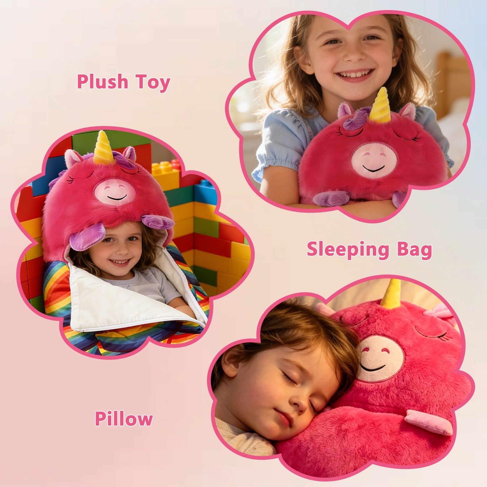 Kids Unicorn Sleeping Bag with Pillow - 2-in-1 Foldable, All Seasons, Soft & Warm (63"x24")-Pink M