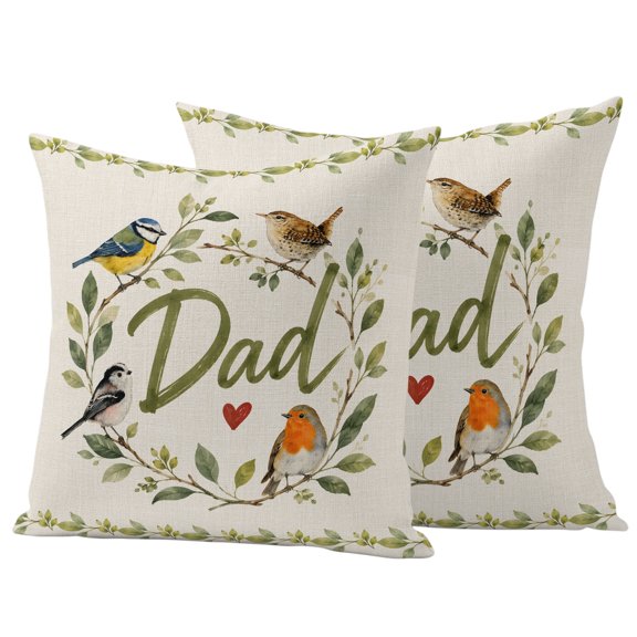Happy Father's Day Outdoor Waterproof Pillow Covers, Summer Botanical Leaves Birds Decorative Square Throw Pillowcase Sofa Cushion Sham for Patio/Couch/Chair, 16"x16" 2 Pack