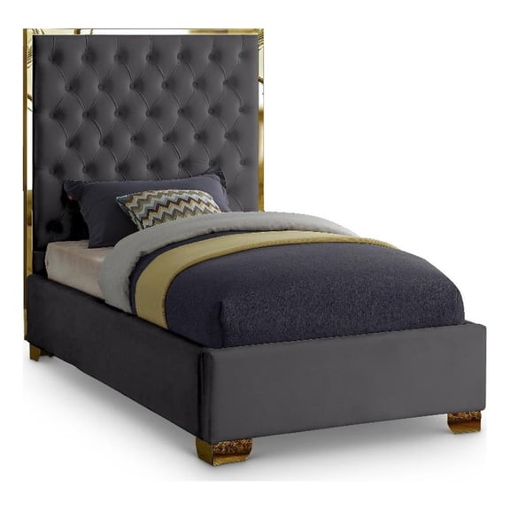Meridian Furniture Lana Solid Wood and Velvet Twin Bed in Gray