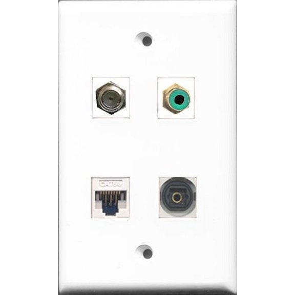 RiteAV 1 Port RCA Green and 1 Port Coax Cable TV- F-Type and 1 Port Toslink and 1 Port Cat5e Ethernet White Wall Plate