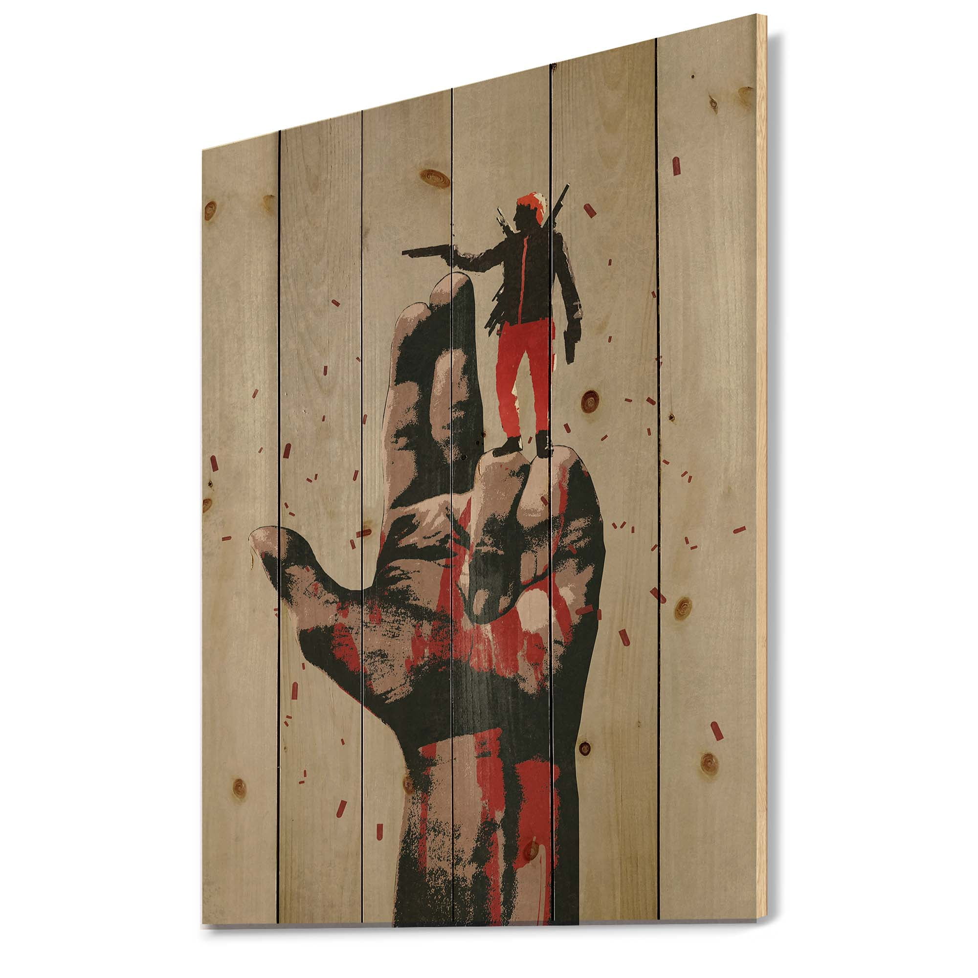 Designart 'Gun Hand Sign With Man Shooting Gun' Modern Print on Natural Pine Wood