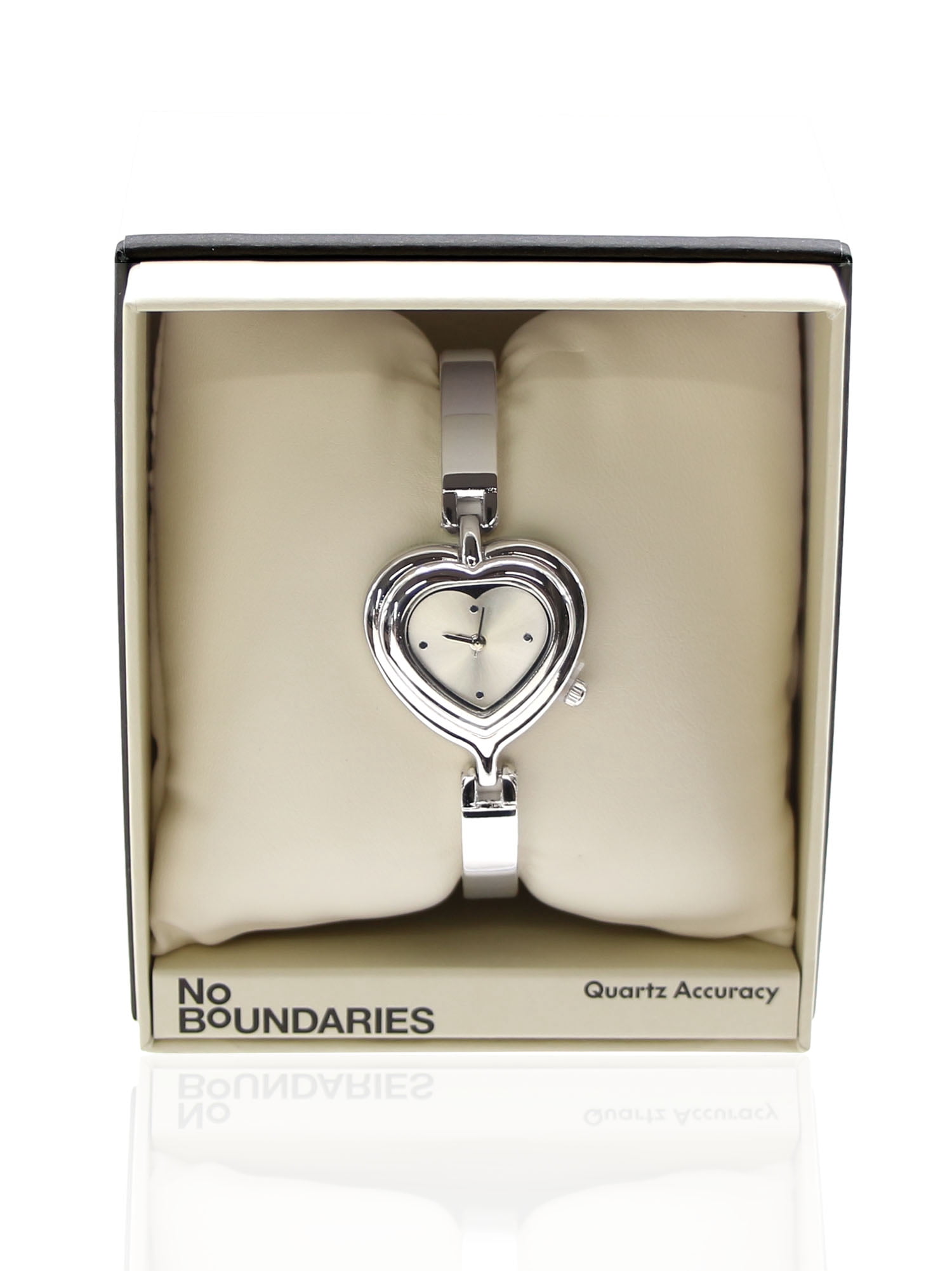 No Boundaries Adult Female Silvertone Heart Shaped Case Watch with Bangle Bracelet.