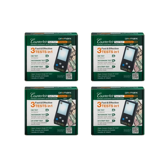 Dri Mark Flash Test Counterfeit Bill Detector, 3 Easy Tests in One Small Device, Watermark, Ink, Security Strip, Fast Money Checker, Fake Currency Detection Machine, Maintenance Free - 4 Pack