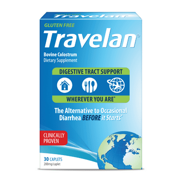 TRAVELAN Anti Diarrhea Travel Medicine for Gas Relief, Bloating, Cramping and Digestive Support, Natural Colostrum Dietary and Immune Support Supplement, Blister Pack for Travel, 30 Pills
