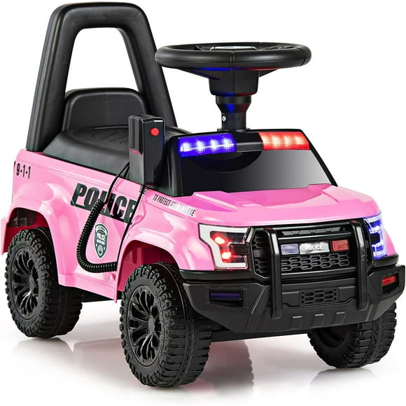 OLAKIDS Ride On Push Police Car, Toddler Foot-to-Floor Sliding Toy with Siren, Steering Wheel, Megaphone, Horn, Headlights, Under Seat Storage, Kids Racer Walking Gift for Boys Girls 3+ (Pink)