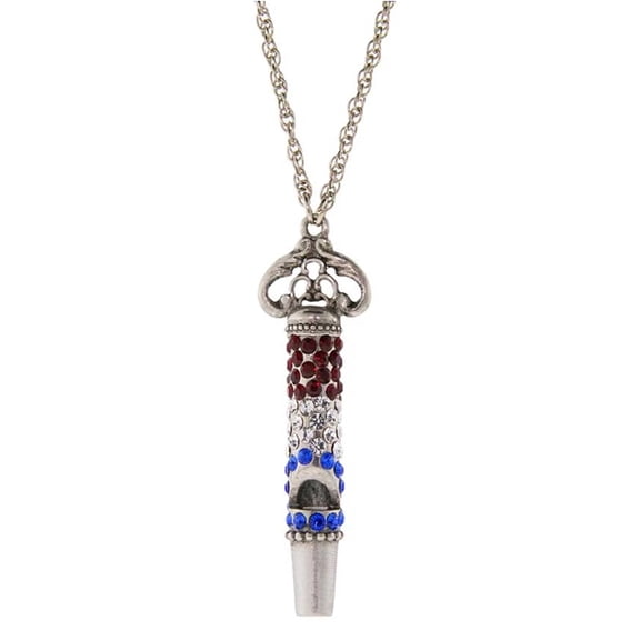 1928 Jewelry Women's Antiqued Matte Silver Functional European Red White & Blue Pave Crystal Pendant Whistle Necklace 30"