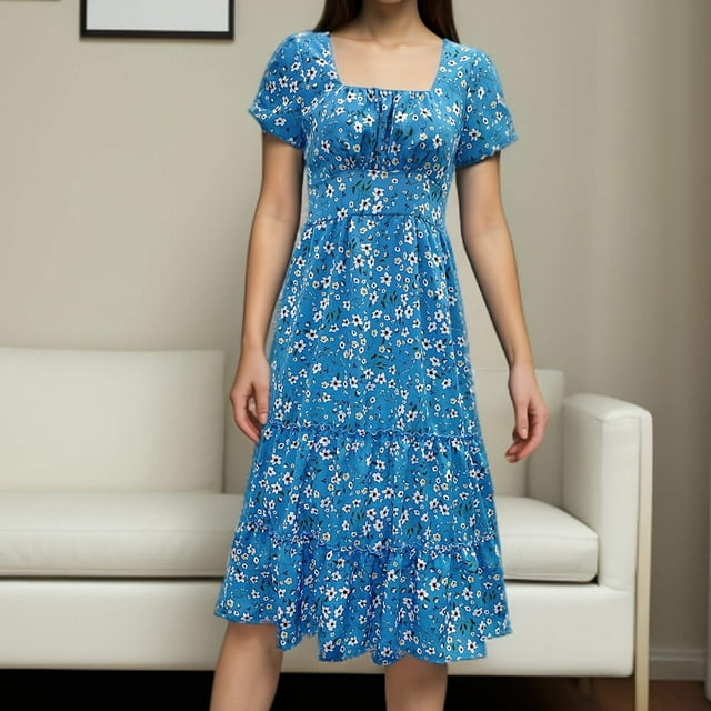 Amzcrzy Robes pour Femmes Robe Fleurie pour Femmes Robes pour Femmes Mode Féminine Imprimé Manches Shrot Robes Plissées Robe Longueur Genou Robes Midi pour Femmes